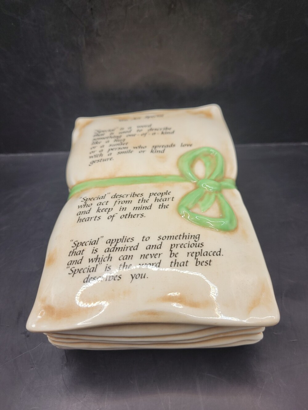 Vintage Ceramic Pillow Scroll Trinket Box You Are Special Poem Green Ribbon 6.5"